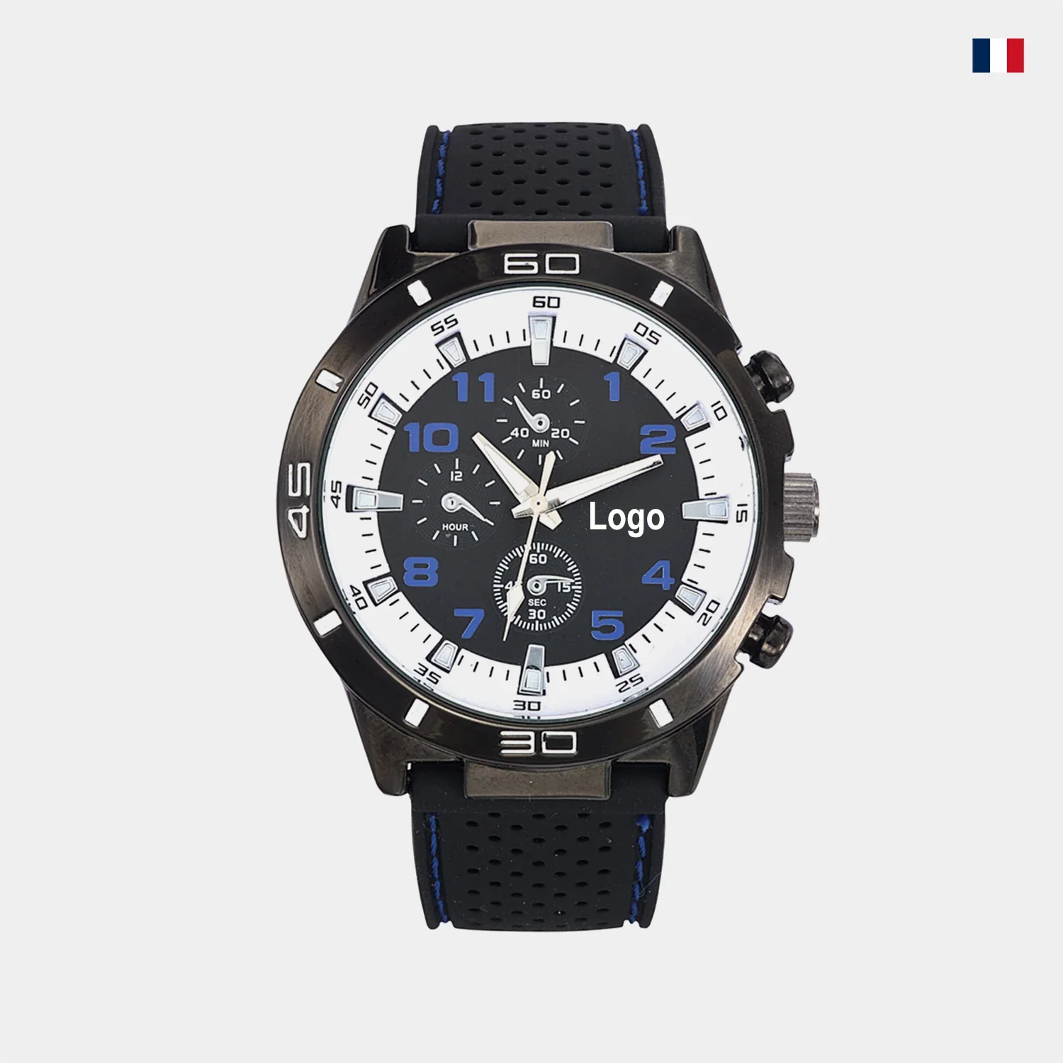 Montre homme sport noire à cadran bleu et blanc, bracelet silicone perforé.