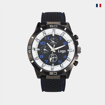 Montre homme sport noire à cadran bleu et blanc, bracelet silicone perforé.