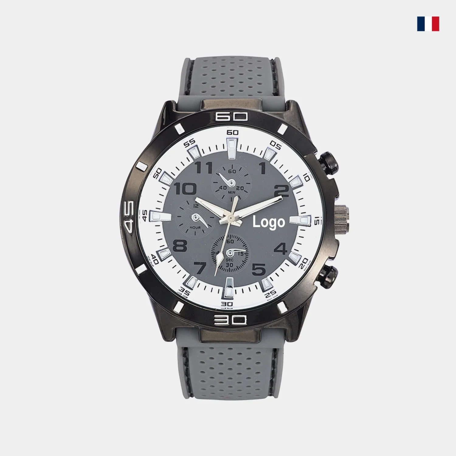 Montre homme sport cadran gris et noir, bracelet silicone perforé, affichage analogique.