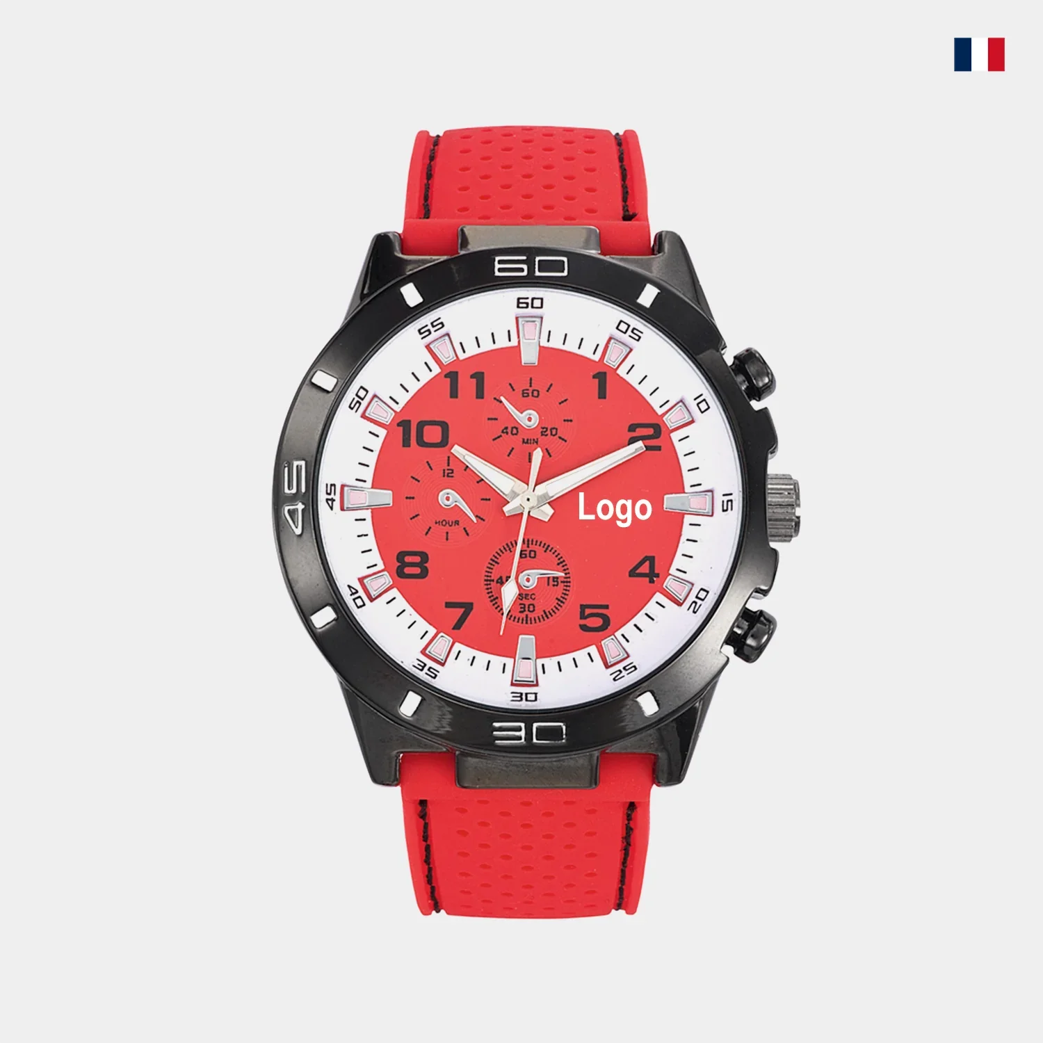 Montre sport homme rouge et noire, cadran chronographe, bracelet silicone rouge.