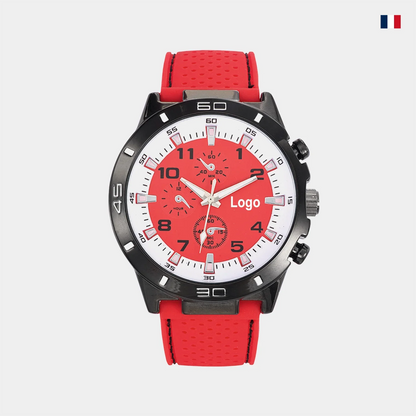 Montre sport homme rouge et noire, cadran chronographe, bracelet silicone rouge.