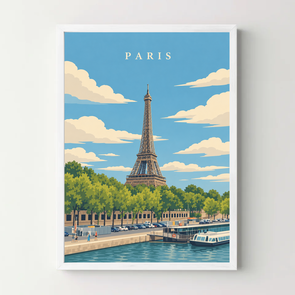 Affiche ville - Paris, la tour Eiffel et la Seine – cadre blanc