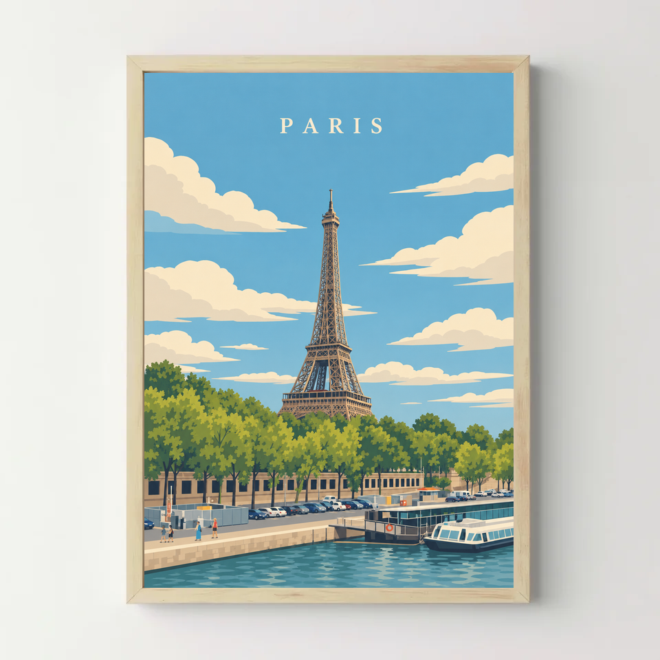 Affiche ville - Paris, la tour Eiffel et la Seine – cadre bois