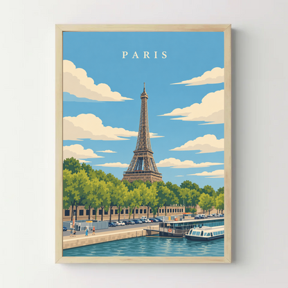 Affiche ville - Paris, la tour Eiffel et la Seine – cadre bois