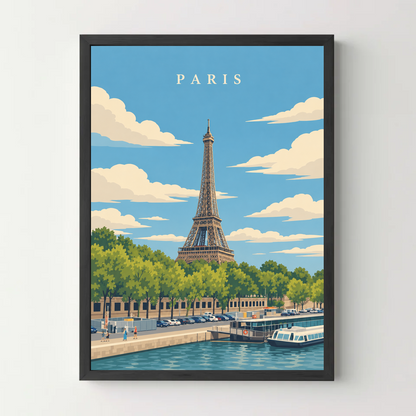 Affiche ville - Paris, la tour Eiffel et la Seine – cadre noir