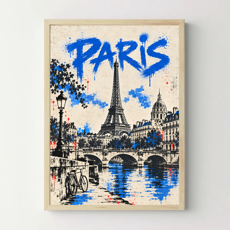 Affiche Paris – Tour Eiffel en street art bleu — cadre bois