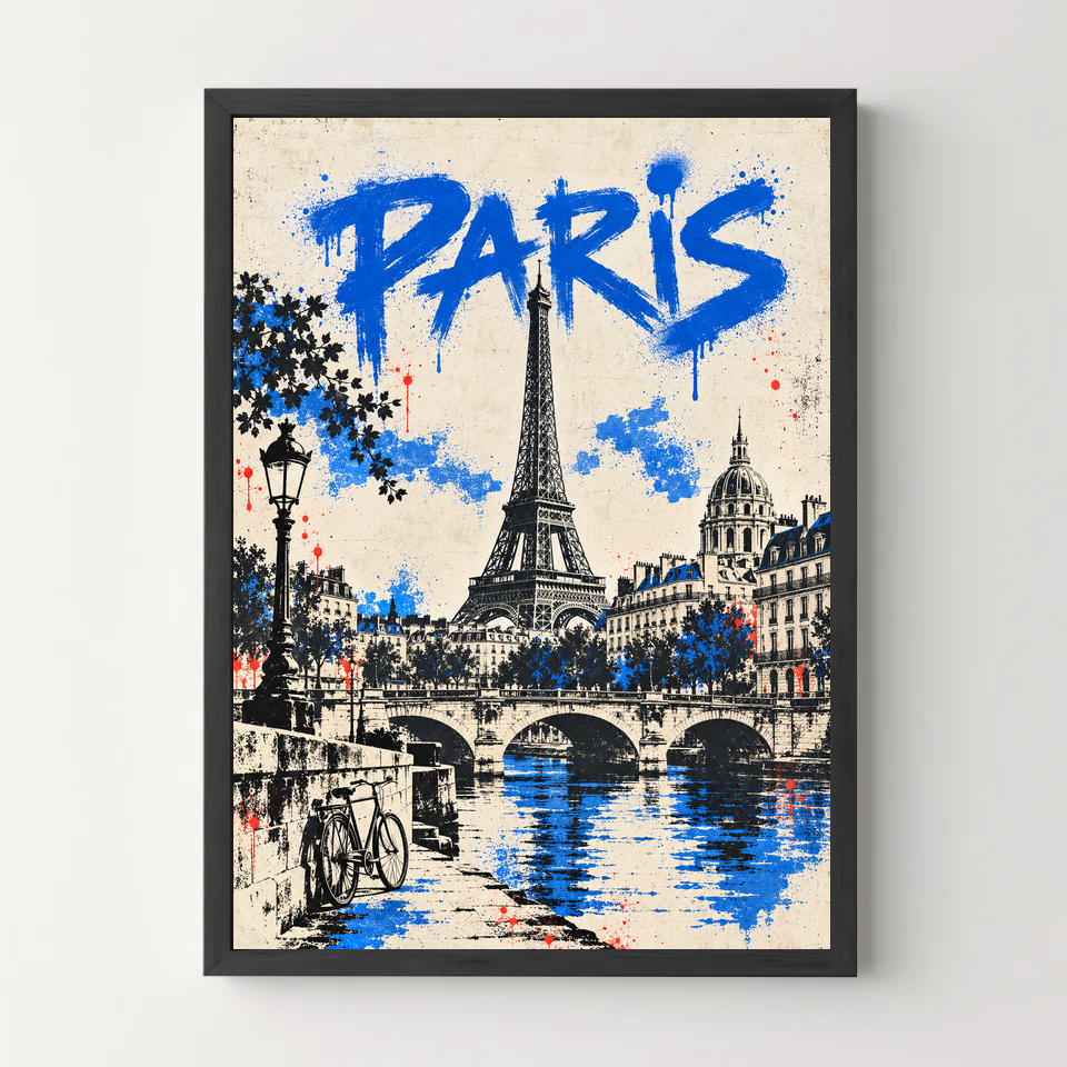 Affiche Paris – Tour Eiffel en street art bleu — cadre noir