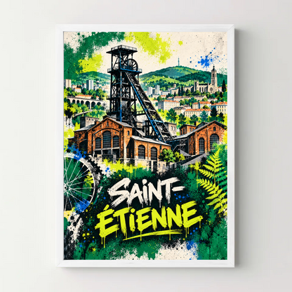 Affiche Saint-Étienne – Esprit industriel en street art — cadre blanc
