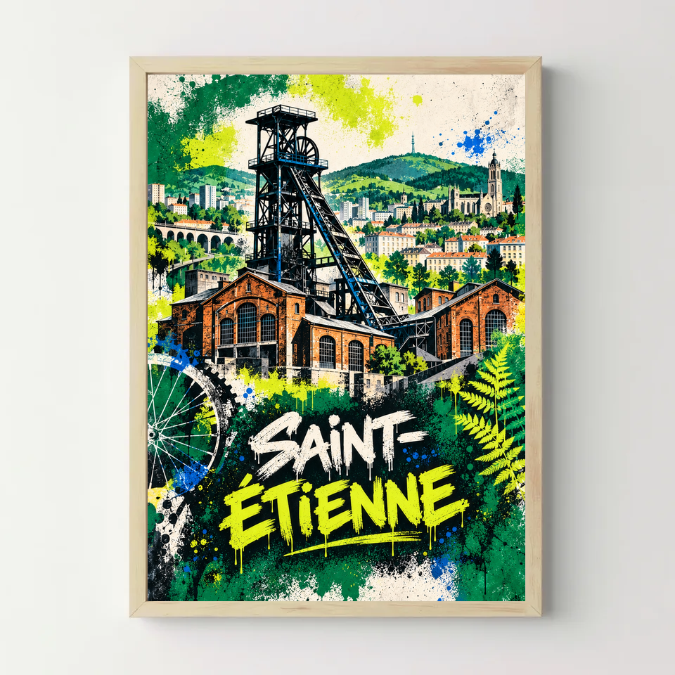 Affiche Saint-Étienne – Esprit industriel en street art — cadre bois