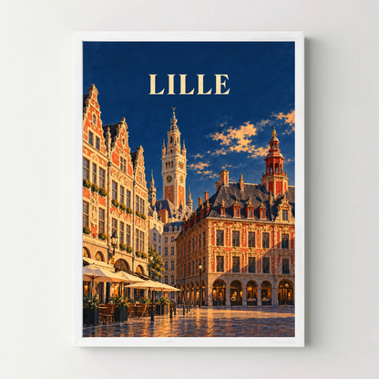 Affiche Lille – Grand-Place au soleil couchant — cadre blanc