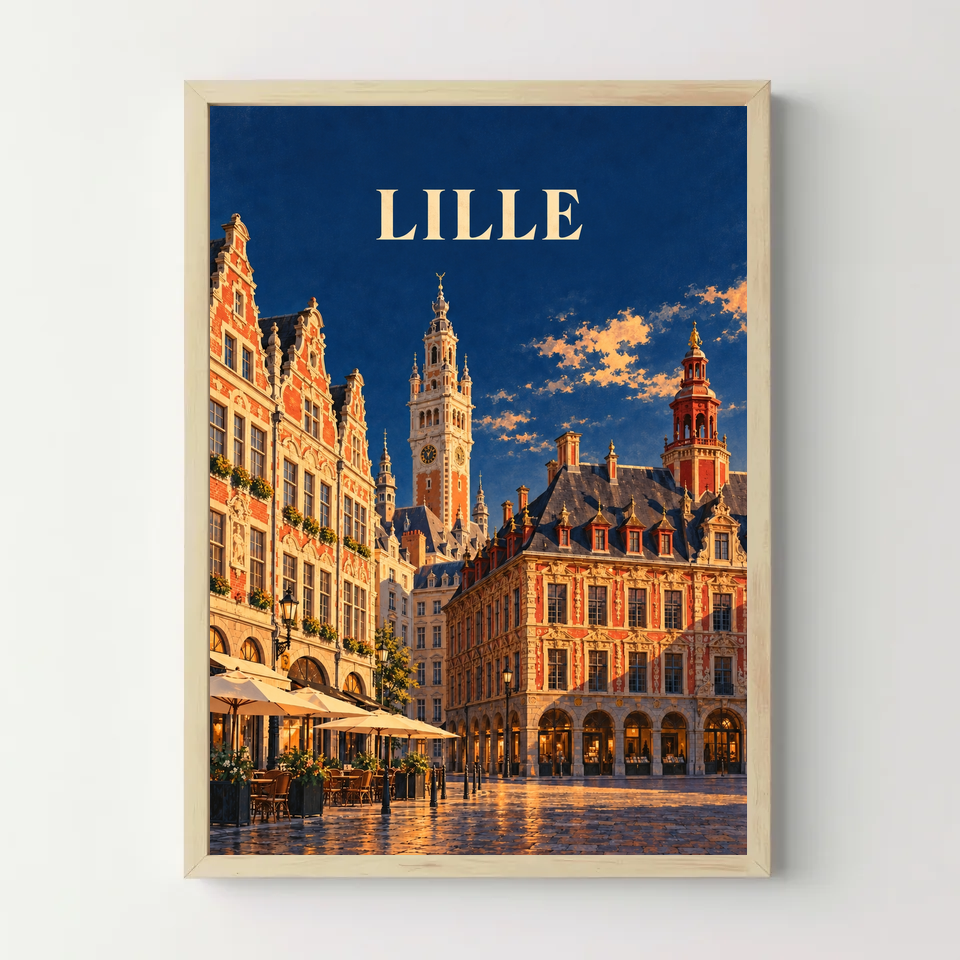 Affiche Lille – Grand-Place au soleil couchant — cadre bois