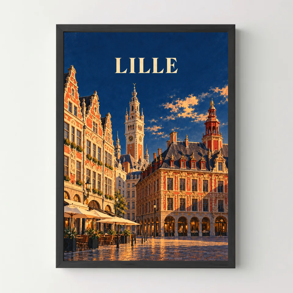 Affiche Lille – Grand-Place au soleil couchant — cadre noir