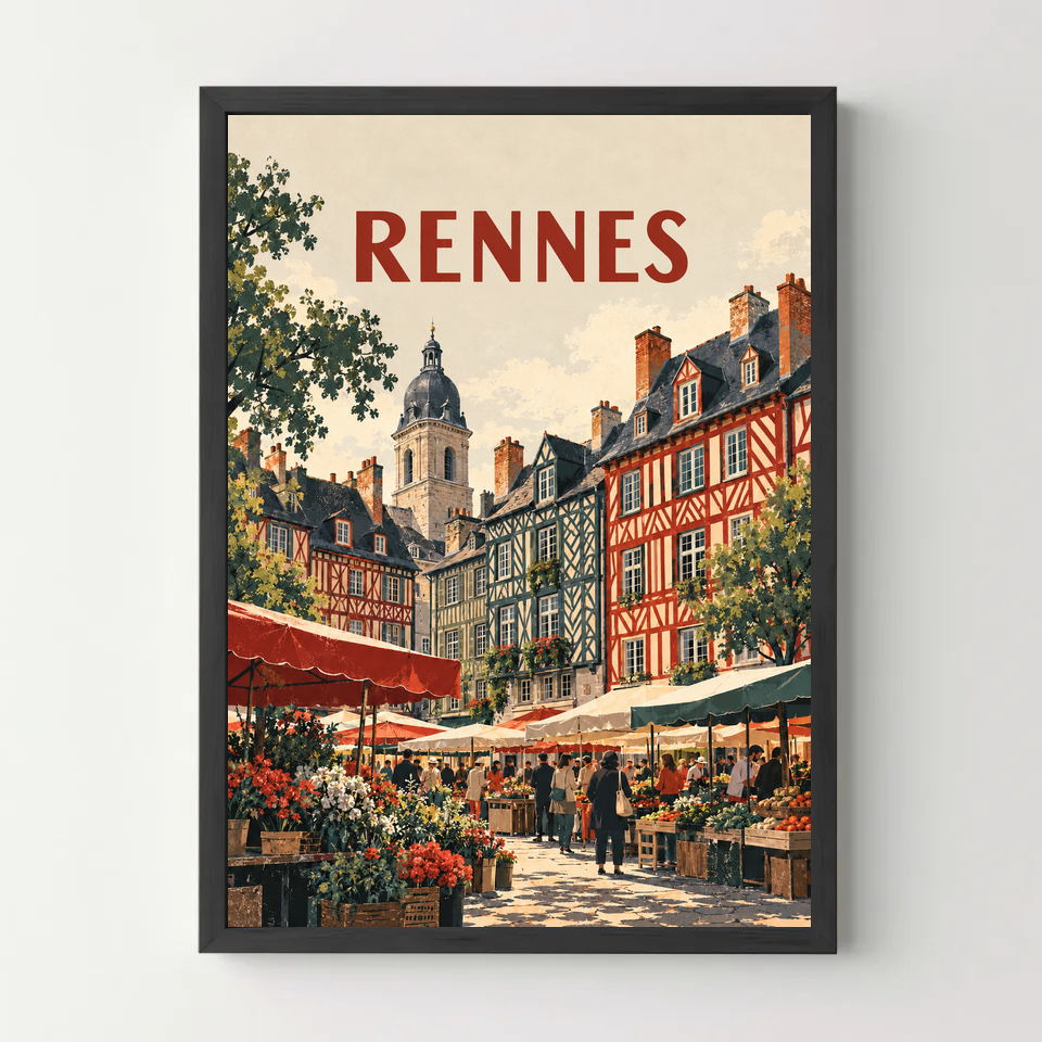 Affiche Rennes – Maisons à colombages — cadre noir