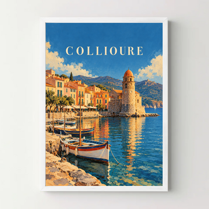 Affiche Collioure – Le port et son clocher — cadre blanc