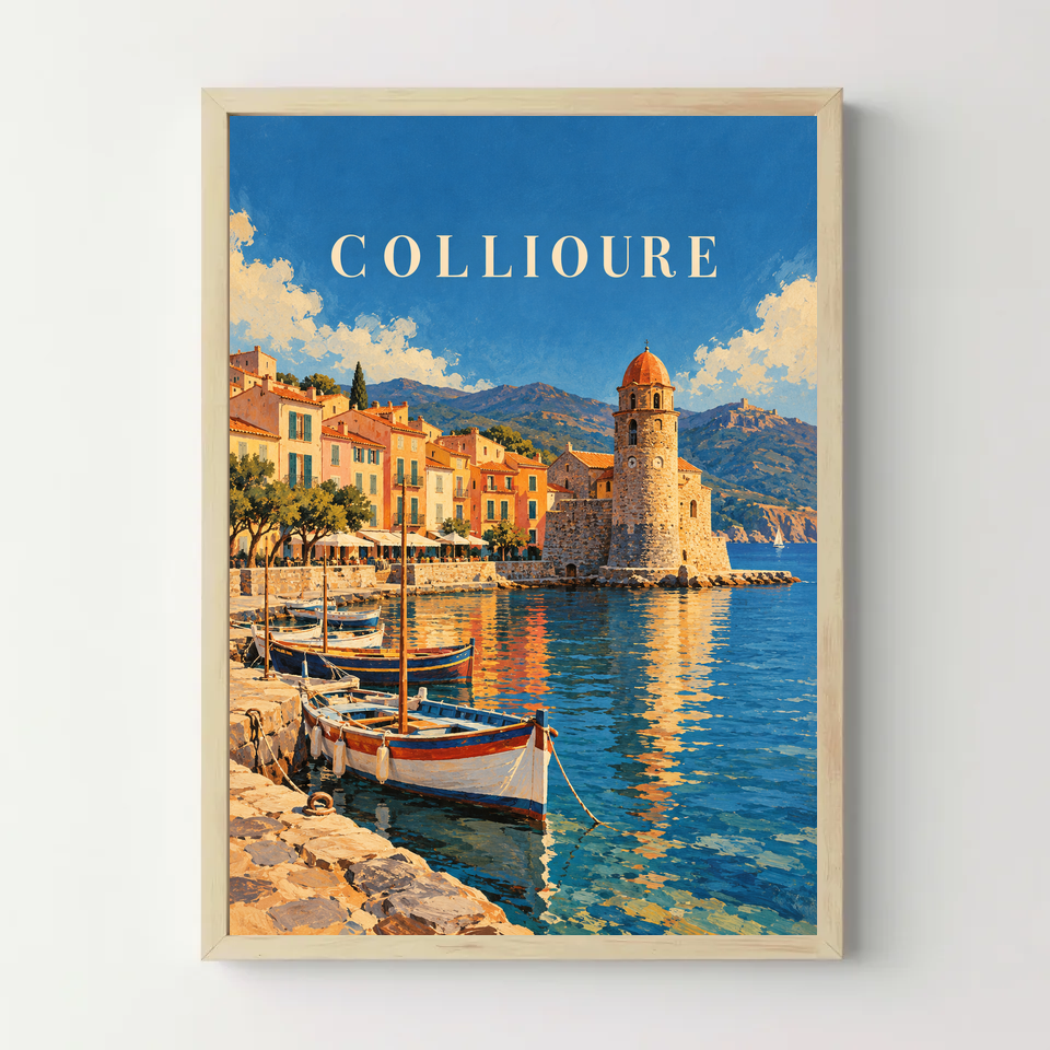 Affiche Collioure – Le port et son clocher — cadre bois