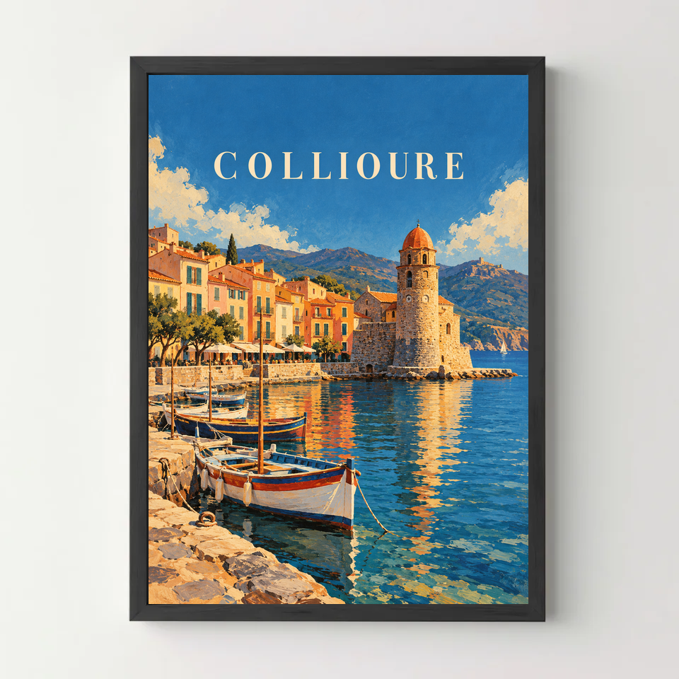 Affiche Collioure – Le port et son clocher — cadre noir