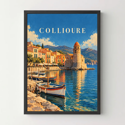 Affiche Collioure – Le port et son clocher — cadre noir