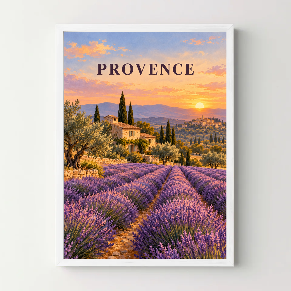 Affiche Provence – Champs de lavande — cadre blanc