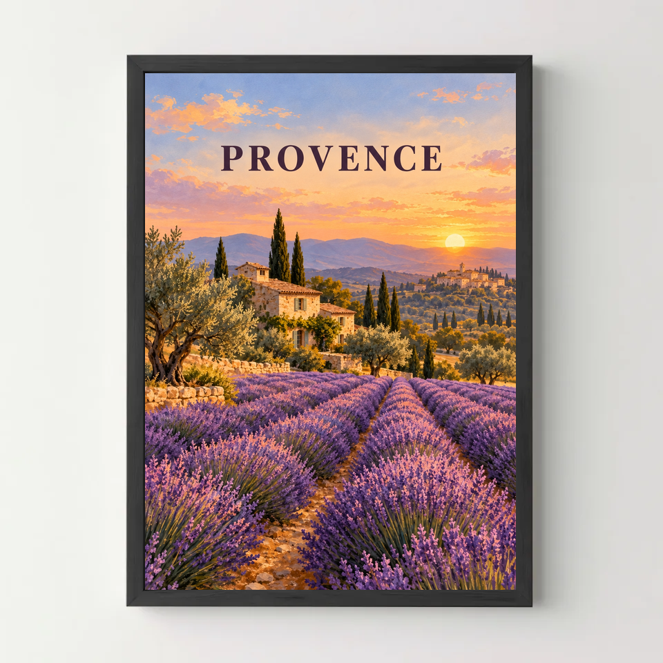 Affiche Provence – Champs de lavande — cadre noir