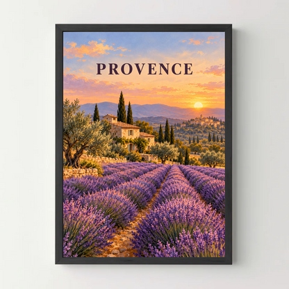 Affiche Provence – Champs de lavande — cadre noir