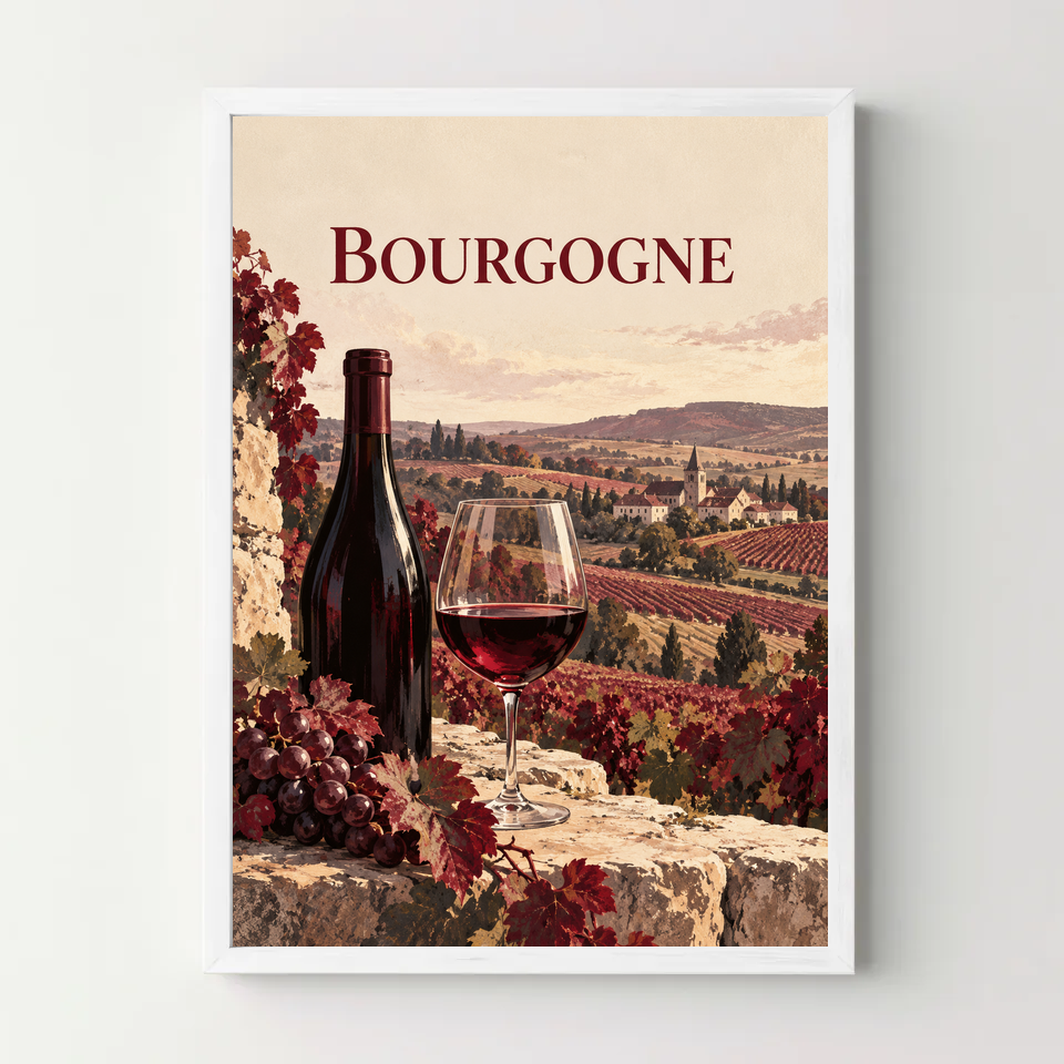 Affiche Bourgogne – Vin et vignobles — cadre blanc