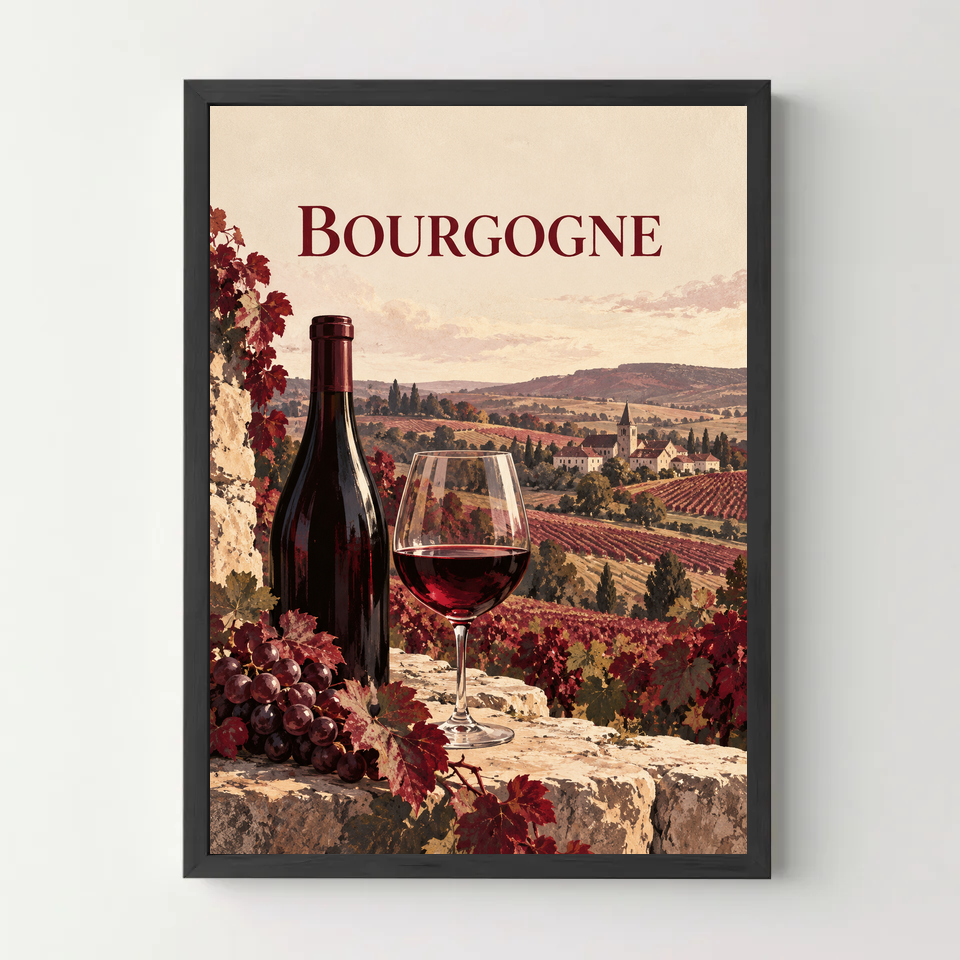 Affiche Bourgogne – Vin et vignobles — cadre noir