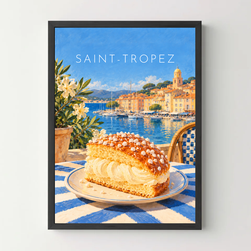 Affiche Saint-Tropez – La tarte tropézienne — cadre noir