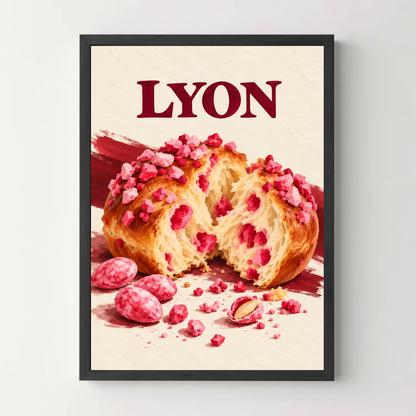 Affiche Lyon – Pralines roses — cadre noir