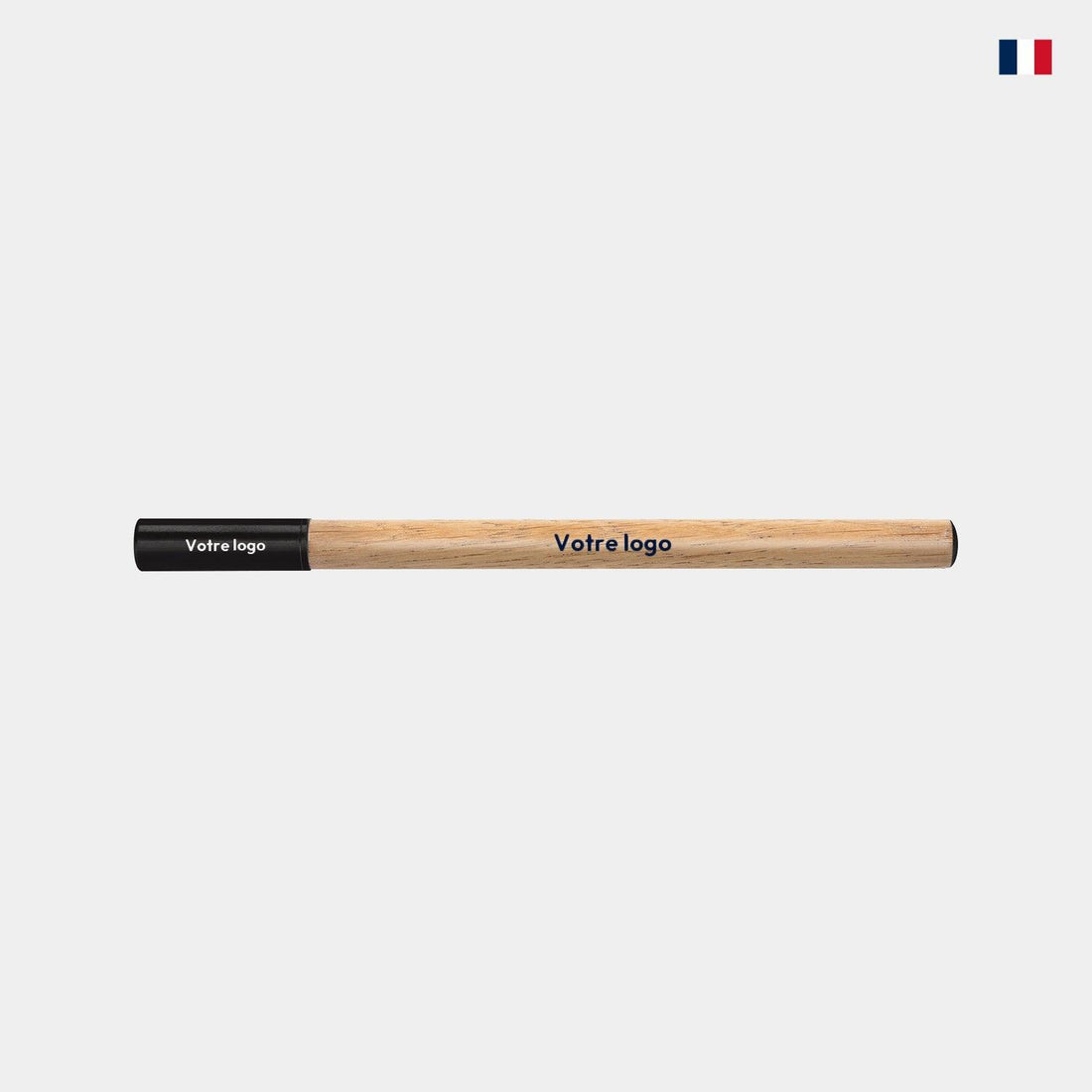 Stylo en bois de chêne personnalisable avec capuchon noir, fond blanc, drapeau français