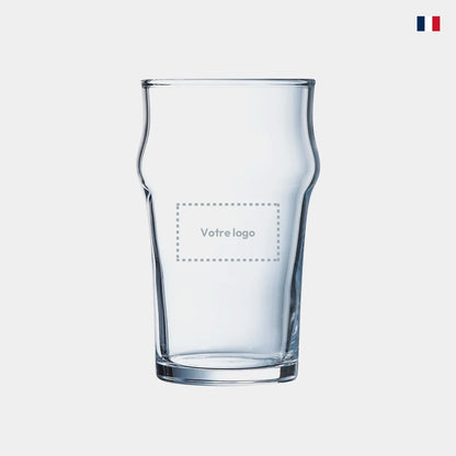 Verre à bière personnalisable en verre transparent, espace pour logo, fond clair, drapeau français.