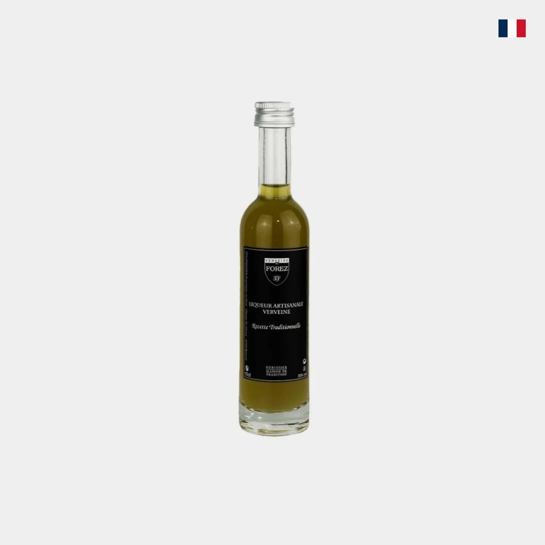 Bouteille de liqueur artisanale verveine, étiquette noire, fond blanc, produit français.