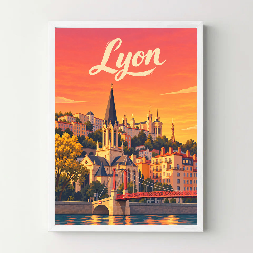 Affiche Lyon – Reflets du soir sur la Saône — cadre blanc