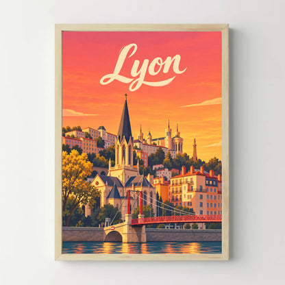 Affiche Lyon – Reflets du soir sur la Saône — cadre bois