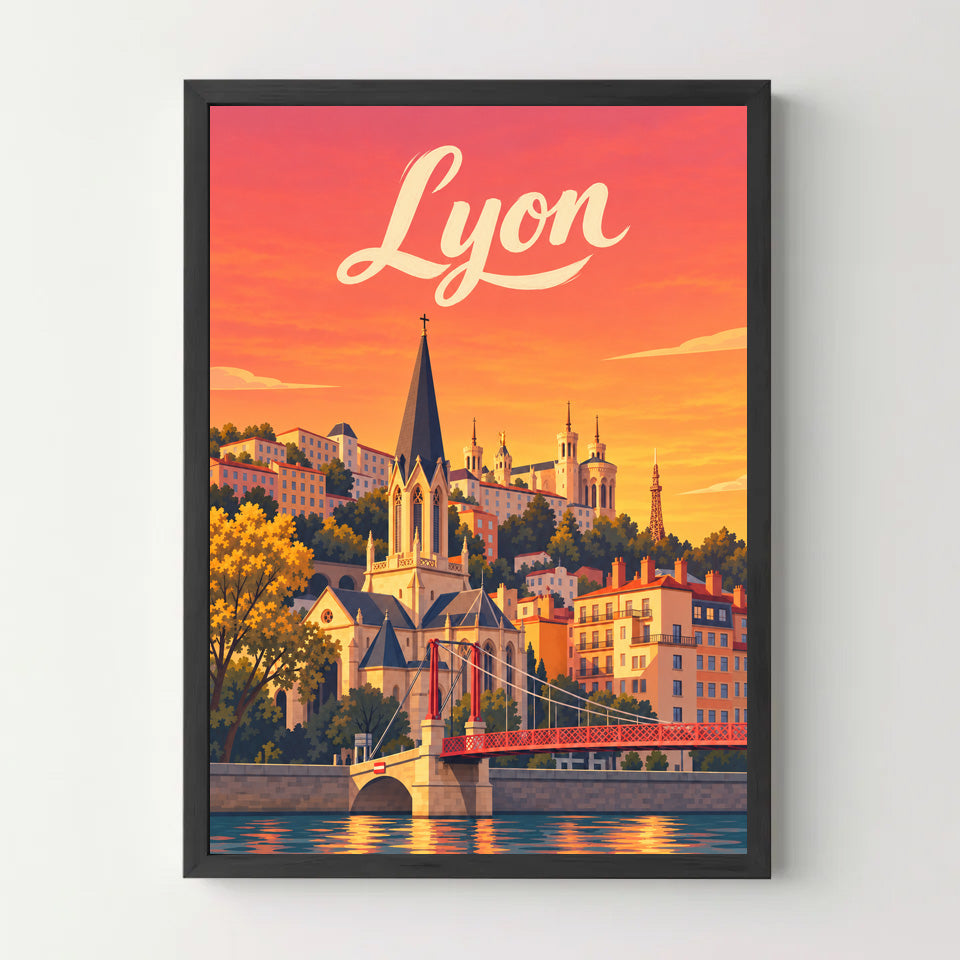 Affiche Lyon – Reflets du soir sur la Saône — cadre noir