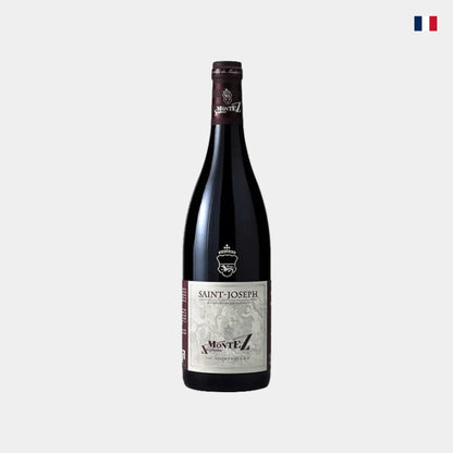 Bouteille de vin rouge Saint-Joseph Montez sur fond blanc, étiquette visible.
